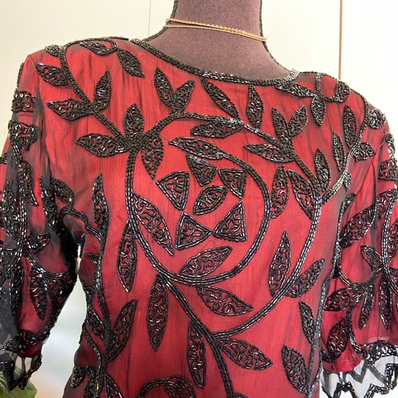 Vintage Deep Red Beaded Blouse | Silk Blouse - Picture 7 of 14